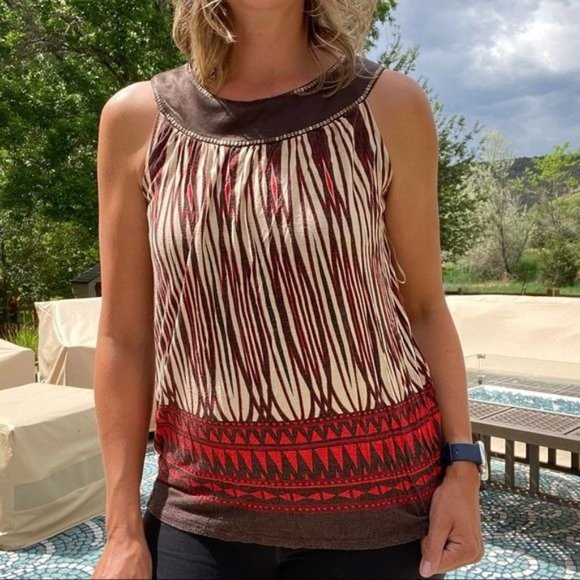 Express Womens Top Round Gathered Neck Sequins Sleeveless Stripes Red White SZ S - Picture 1 of 7